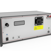 TLS120Xe. Top, left to right: Wavelength dial, main screen, optical output port (without output optic adapter installed). Bottom: Main power switch, USB connector, feedback photodiode input for lamp alignment, output enable button.